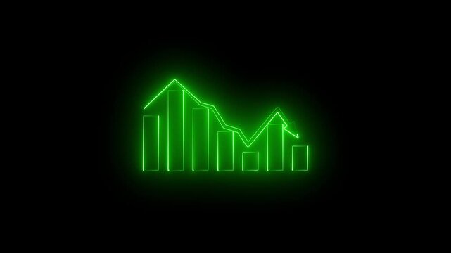 Glowing green neon bar chart with downward arrow line on black background, futuristic business loss decline graph diagram indicator, stock market crash UI UX motion graphic video effect.