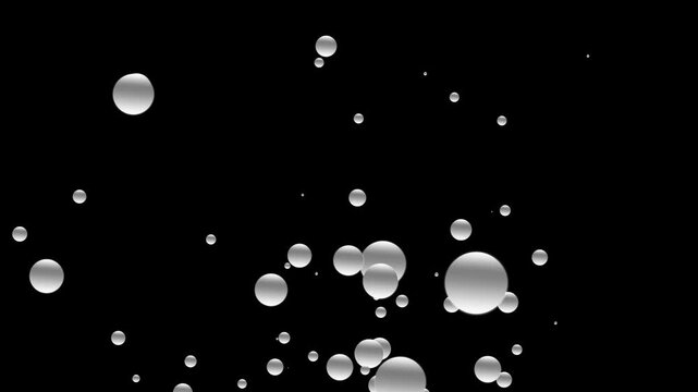 Abstract glossy white spheres on black background, glossy metallic bubble burst overlay for creative video, floating silver orb particle background stream for visual effect transition,4k video