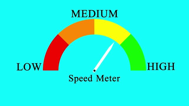 Animated speed meter gauge with needle moving between low medium high levels on gray background, performance measurement dashboard indicator UI UX motion graphic design video element.