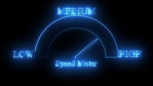 Glowing blue neon speed meter gauge animation with needle indicator on black background, futuristic performance level dashboard status UI UX motion graphic video effect.