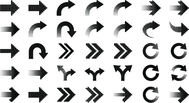  Halftone arrow vector black silhouette icons set featuring abstract pointer cursor next slide direction curve refresh symbols