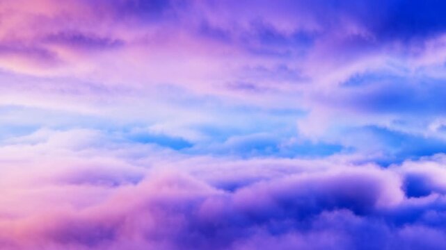 Panoramic pastel cloudscape with layered billowy cumulus and stratocumulus bands, soft lavender and blue tones, airy depth, gentle natural light, serene atmospheric sky backdrop