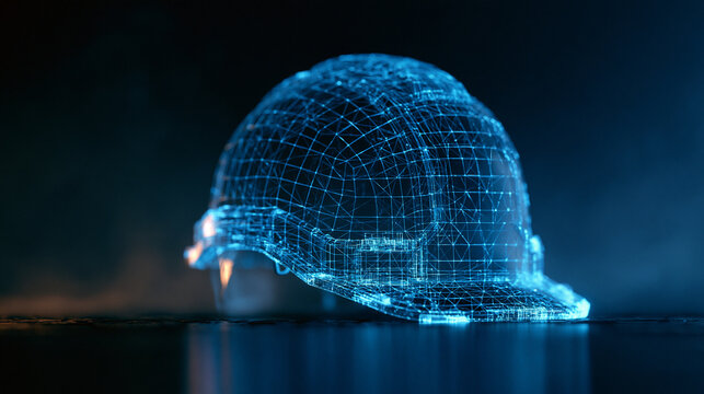 A glowing blue digital wireframe hard hat sits on a dark reflective surface. Ideal for construction innovation, smart safety, and industrial technology concepts.