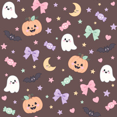 Obraz premium Cute Pastel Halloween Seamless Pattern with Pumpkin Ghost Bat Crescent Moon Candy and Ribbon Bow on Brown Background