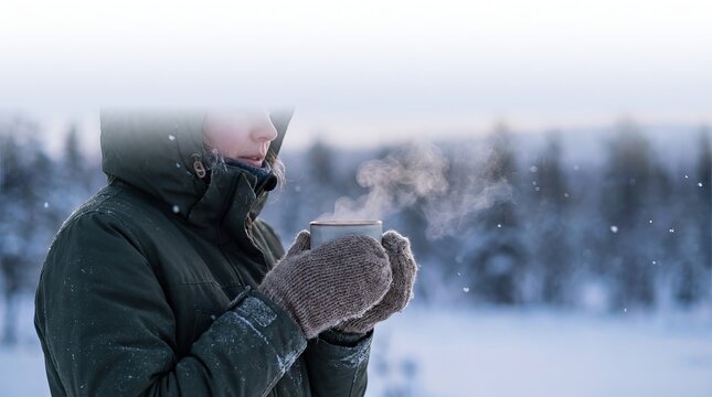 Person drinking hot beverage in snowy forest landscape