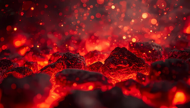 Close up of glowing red hot coals and burning embers bed with floating sparks charcoal texture hot rocks fire pit thermal energy heat glow dark background charcoal