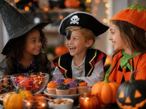 Drei Kinder in Hexen-, Piraten- und K&uuml;rbiskost&uuml;m lachen an einem Halloween-Tisch mit Cupcakes, S&uuml;&szlig;igkeiten und Dekoration &ndash; fr&ouml;hliche Partyatmosph&auml;re f&uuml;r Familien.