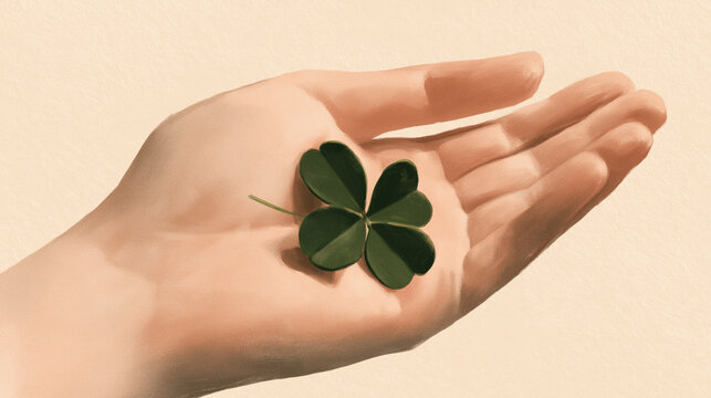 Hand holding a four-leaf clover symbolizing luck on a light background