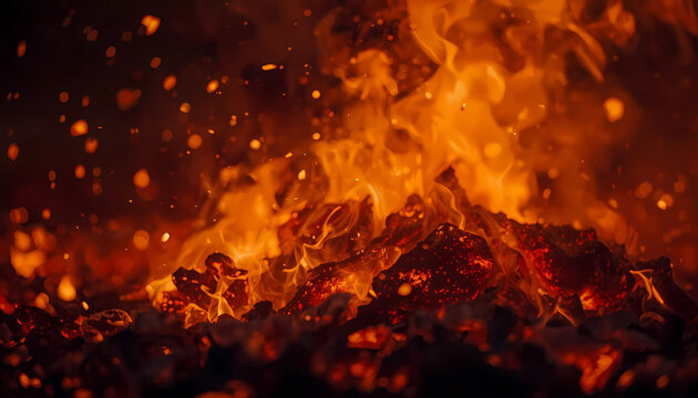 Bright burning campfire with rising flames and glowing embers glowing intensely in the dark fire pit hot coals wood fire flaming wood campfire night fire background