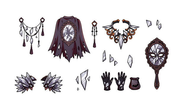 Gothic haunted mirror costume accessories featuring shattered mask, crystal jewelry and torn cape vector design