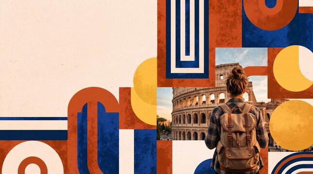 Travel Banner Collage with Tourist Visiting Colosseum in Rome