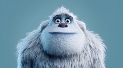 Obraz premium Cute Fluffy Yeti Character Portrait with Wide Big Eyes and Smile. Blue Snowman Character with Big Round Eyes. Cute Fluffy White Yeti Character Close Up Portrait.