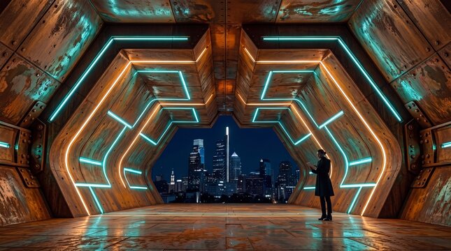 Futuristic Tunnel Overlooking Night City Skyline with Businessman
