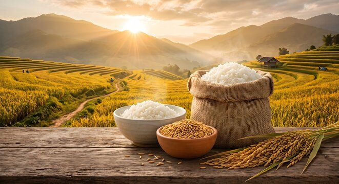 Burlap Sack and Bowls of Raw Rice on Wooden Table at Golden Sunset Rice Terraces