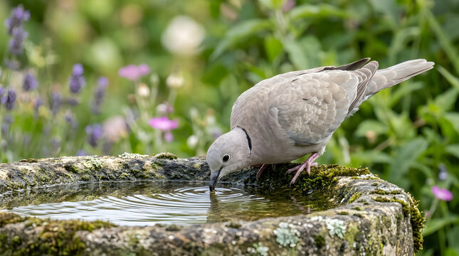 Collared dove drinking water from an old mossy stone bird bath basin