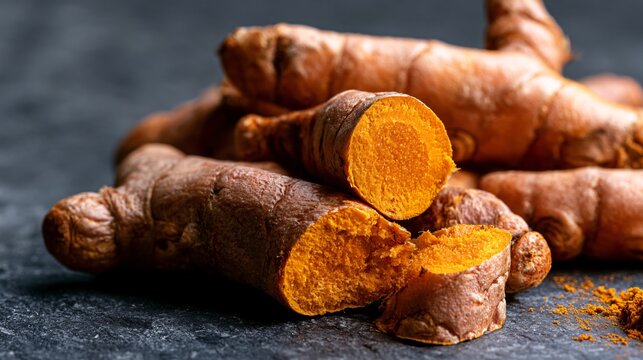 A macro close up highlighting freshly cut turmeric roots revealing brilliant golden-orange interiors with extraordinary botanical realism against a dark slate background