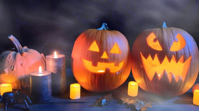 Halloween night scene with glowing jack o lanterns, flickering candles, pumpkins and spiders on a spooky dark background. Slow panning motion with rolling fog.