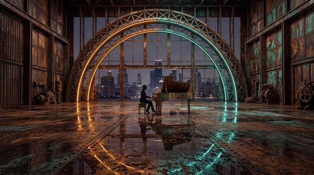 Pianist Playing Grand Piano in Industrial Hall Overlooking City