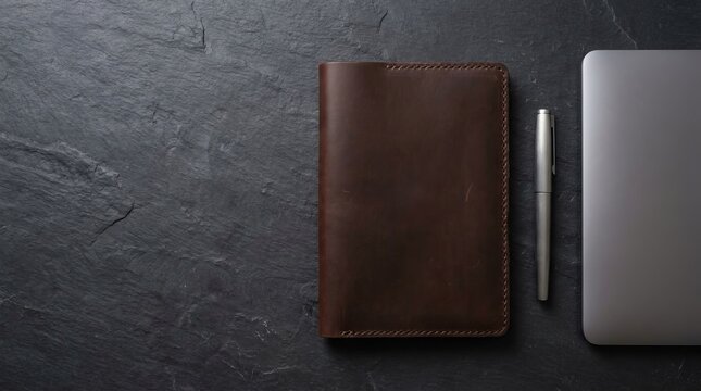 Brown leather notebook with pen and laptop on dark surface