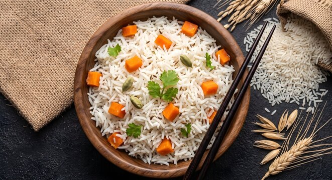 Top View Wooden Bowl of Cooked Rice Pilaf with Carrots, Parsley, and Chopsticks