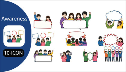 Fototapeta premium Awareness campaign set with diverse people holding banners and placards.