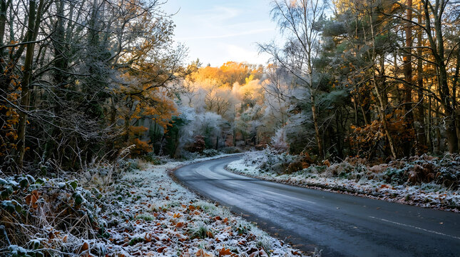 Winding country road covered in frost and snow passing through a cold winter forest during sunrise with frosty forest snowy landscape cold weather bare trees