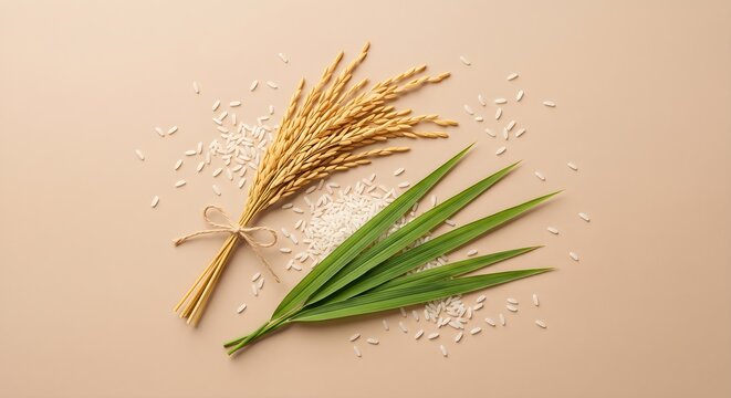 Symmetrical Flat Lay of Golden Paddy Stalks and Green Leaf on Neutral Background
