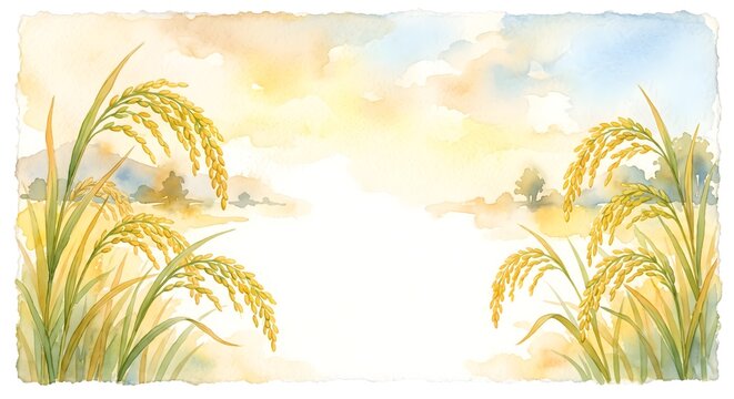 Watercolor Painting Frame of Ripe Golden Rice Ears with Pastel Sunset Sky