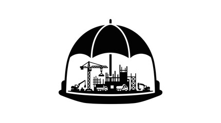 Fototapeta premium Construction safety icon featuring a hard hat and protective umbrella over a building site silhouette with cranes and machinery in black vector design