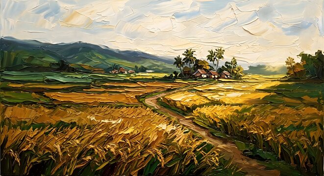 Impressionist Oil Painting of Golden Rice Field Path leading to Countryside Village