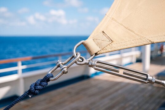 Detailed close up of sailboat rigging showing polished metal turnbuckle, blue braided rope and beige canvas sail with blurred ocean horizon and deck in bright daylight, emphasizing nautical