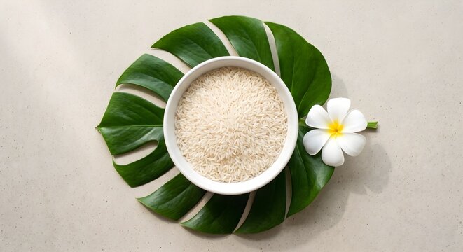 White Ceramic Bowl of Raw Rice on Tropical Monstera Leaf with Plumeria Flower
