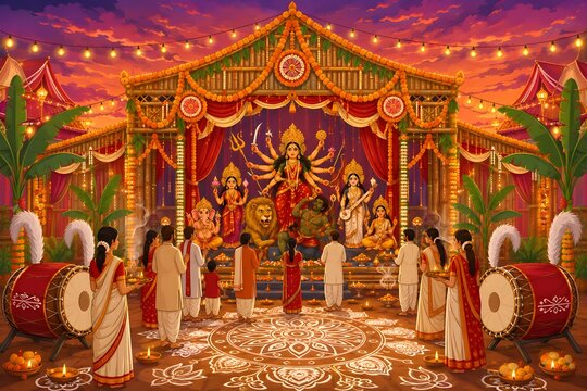 Indian devotees praying at Durga Puja pandal with goddess idol and traditional dhak drums during sunset festival celebration
