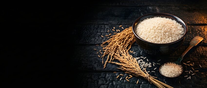 Dark Moody Overhead Banner of Ceramic Bowl of Rice with Golden Paddy and Spoon