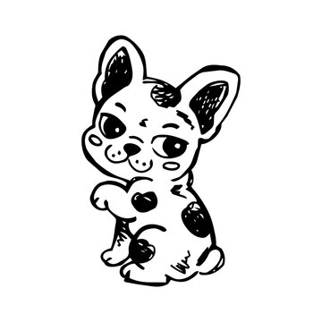 Cute Sketch French Bulldog Puppy Cartoon in Black and White, Small Dog Character Illustration for Stickers, Kids Design and Pet Graphics