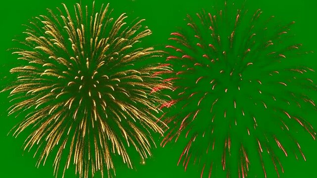 Fireworks High Detail Green Screen Bright Golden And Red Festive Fireworks Bursting Against Solid Vivid Green Background For Celebration Concepts And Holiday Design