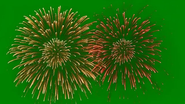 Fireworks High Detail Green Screen Bright Golden And Red Fireworks Exploding Against Solid Green Background Celebrating New Year Festival