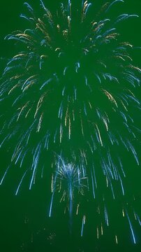Fireworks High Detail Green Screen Bright Blue And Gold Fireworks Bursting Against Dark Night Sky For Celebration Festive Holiday Pyrotechnic Display Background