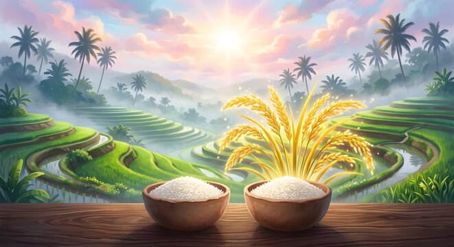 Bowls of Steamed Rice on Wooden Table at Sunrise Tropical Terraced Fields