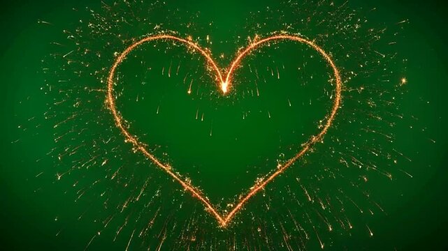 Fireworks High Detail Green Screen Fiery Heart Shape Sparkling Against Dark Green Background With Glowing Light Sparks Representing Romance And Passion