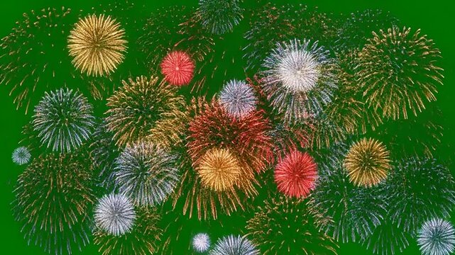 Fireworks High Detail Green Screen Colorful Firework Bursts Exploding Across Dark Night Sky During Festive Celebration And Holiday Event