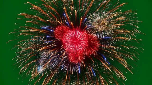Fireworks High Detail Green Screen Vibrant Festive Fireworks Bursting Brightly Against Dark Night Sky Celebrating Holiday Event With Colorful Pyrotechnic Display