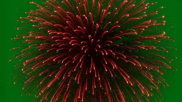 Fireworks High Detail Green Screen Vibrant Red Firework Bursting Brightly Against Solid Dark Green Background For Celebration And Festive Holiday Concepts