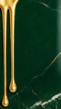 Liquid Gold Drip on Deep Forest Green Marble Texture Luxurious Abstract Background