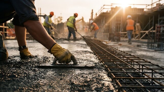 Construction worker smoothing wet concrete foundation with trowel tool at building site with rebar reinforcement steel during sunset project