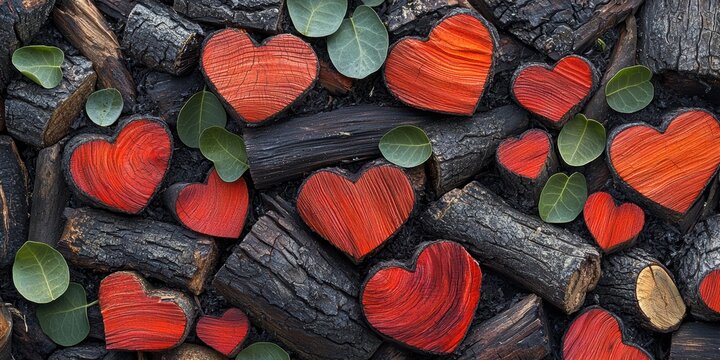A broken log featuring vibrant heartwood and intricate wood texture. Chopping firewood in a rural setting. Timber scattered across the landscape near a farming community