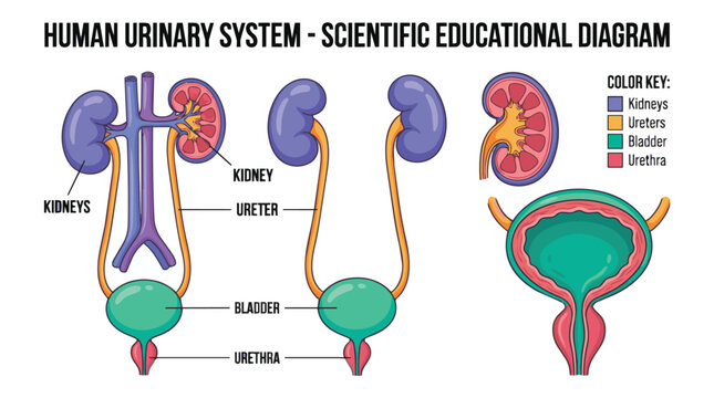 Scientific educational diagram of the human urinary system showing kidneys, ureters, bladder, and urethra.