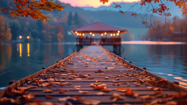 Twilight at the breezy ocean with a wooden pier shelter
