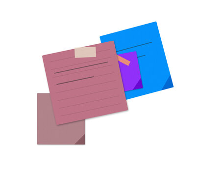 Sticky notes and paper sheets layered on a flat surface for office organization and creative planning tasks isolated on a transparent background