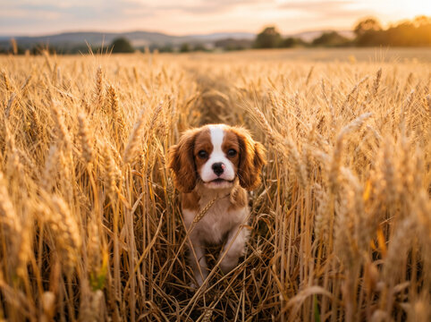 Cute Cavalier King Charles Spaniel Puppy Walking Through Golden Wheat Field at Sunset